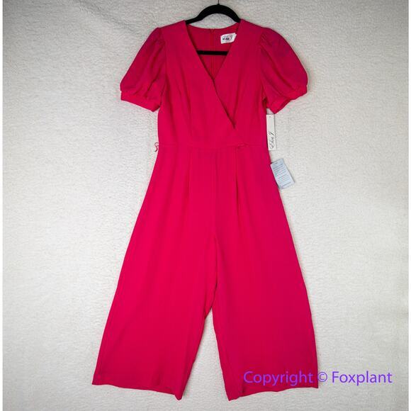 New!‎ Eliza J Short Sleeve V Neck CropJumpsuit Size 2 in Hot Pink - Picture 1 of 16